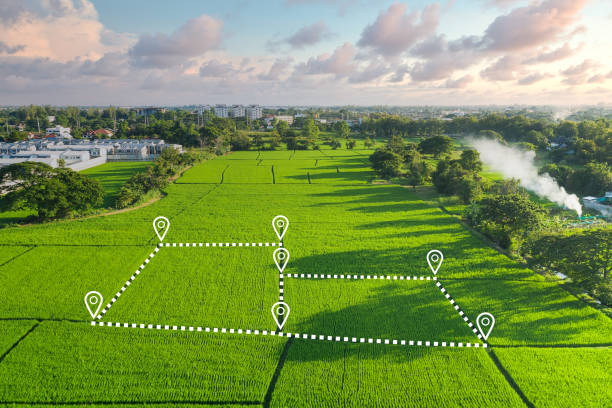 istockphoto-1320071761-612x612 Land plot in aerial view. Identify registration symbol of vacant area for map. That property, real estate for business of home, house or residential i.e. construction, development, sale, rent and buy.